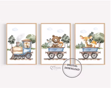 Woodland Nursery Prints, Blue Train Animal Wall Art, Boy Nursery Decor, Forest Animal Posters, Woodland Playroom Wall Art, DIGITAL DOWNLOAD