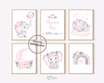 Baby Elephant Prints, Girl Room Nursery Animal Printable Wall Art Prints, Kids Room Wall Decor, Animal Nursery Posters DIGITAL DOWNLOAD