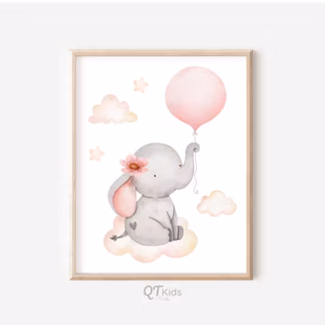Girl Nursery Print, Baby Elephant with Balloons, Pink Girl Room Decor, Girl Playroom Poster, Safari Animal Nursery Decor, DIGITAL DOWNLOAD