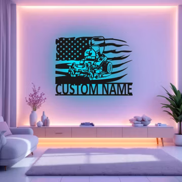 Custom US Zero Turn Lawn Mower Metal Wall Art With LED Light, Personalized Gardener Name Sign Decoration For Room, Zero Turn Lawn Mower