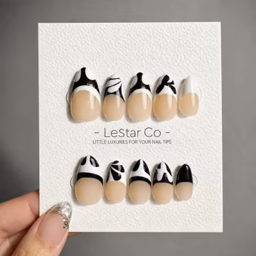 Timed Offer 4 For 3) Handmade Press On Monochrome Waves French Tip Gel Nails
