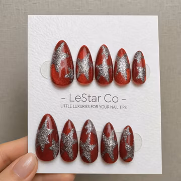 Timed Offer 4 For 3) Handmade Press On Crimson Stardust Gel Acrylic Nails