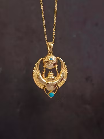 Silver Handmade Egyptian Scarab Necklace - Turquoise Stone Eye of Horus Necklace