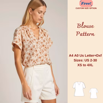 V Neck Top Sewing Pattern, Women Relaxed Fit Blouse Pattern, XS-4XL