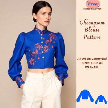 Mandarin Neck Blouse Sewing Pattern, Cheongsam blouse pattern, Mandarin Neck Crop Top, Vintage Blouse Pattern, Chinese Blouse, XS-4XL