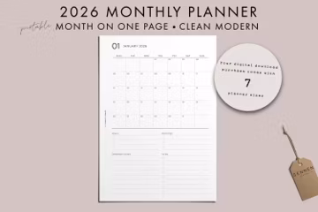 2026 Monthly Planner, PRINTABLE, Classic Calendar Style, Month on 1 Page, MO1P, Important Dates, To Do List, A5 Insert, Clean Modern Font