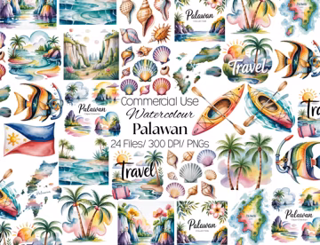 21 Palawan Clipart, watercolor tropical beach PNG, island travel palm trees seashells kayak graphics, commercial use