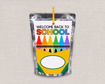 Back to School Crayon Box Juice Pouch Labels Wrappers, 1st Day of School, Students Teachers Co-Workers Goodie Bag Party Favors, Class Treats