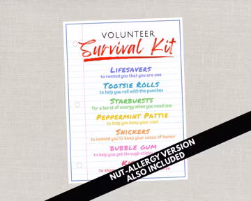 Volunteer Survival Kit Gift Tags, Volunteer Appreciation and Thank You Cards, Goodie Bag Party Favors, Treat Gift Idea for School Volunteers