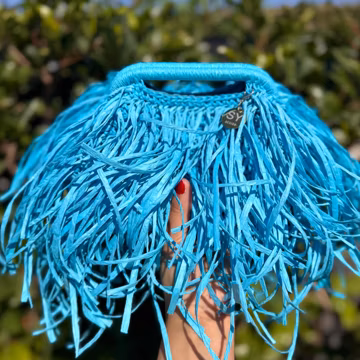 Small Turquoise Raffia Fringe Clutch Bag,Top Handle Straw Purse, Hand Woven Summer Bag