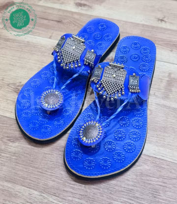 Blue Leather Kolhapuri Sandals For Women, Handmade Ethnic Indian Flats, Boho Festival Slip On, Toe Ring Sandals, Summer sandal, Gift for Her