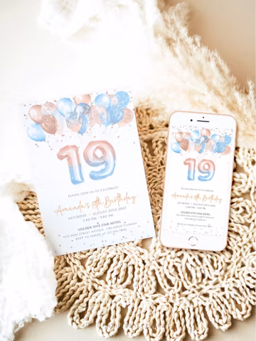 Editable 19th Birthday Invitation Template Rose Gold Blue Balloons 19th Birthday Printable Invite Boy Girl Nineteen Birthday Party Evite J57