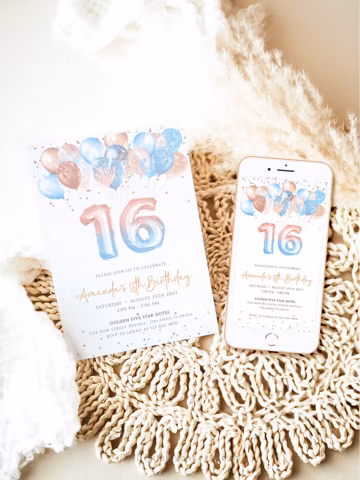 Editable 16th Birthday Invitation Template Rose Gold Blue Balloons 16th Birthday Printable Invite Boy Girl Sixteen Birthday Party Evite J57
