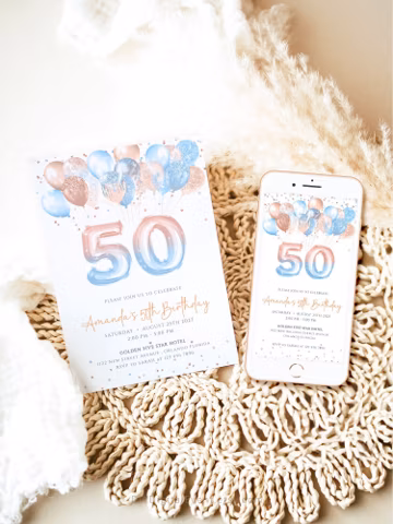 Editable 50th Birthday Invitation Template Rose Gold Blue Balloons 50th Birthday Printable Invite Boy Girl Fifty Birthday Party Evite J57