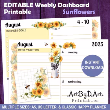EDITABLE Floral Theme Printable Weekly Dashboard for A5, US Letter, and Happy Planners, Pretty Planner Pages, Sunflowers Collection