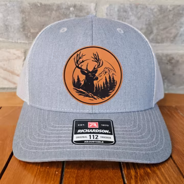 Deer Leather Patch Trucker Hat, Richardson 112, Mountain Deer Hunter Hat, Dad Gift, Husband Gift, Sportsman Gift, Laser Engraved