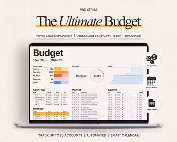 Ultimate Annual Budget Spreadsheet Google Sheets With Budget Planner, Bill Calendar, Debt Payoff Tracker, Savings Tracker, Net Worth Tracker