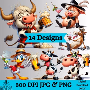 Tipsy Farm Animals PNG Bundle | Funny Drunk Animal Clipart | Cartoon Farm Art