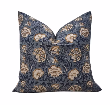 Blue Floral Hand Block Print Cotton Pillow Cover | Traditional Indian Botanical Cushion Cover