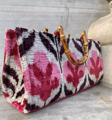 Handmade Silk Ikat Velvet Shoulder Bag – Boho Pink Ikat Purse with Bamboo Handles and Strap, Large Velvet Ikat Tote, Floral Patterned Purse