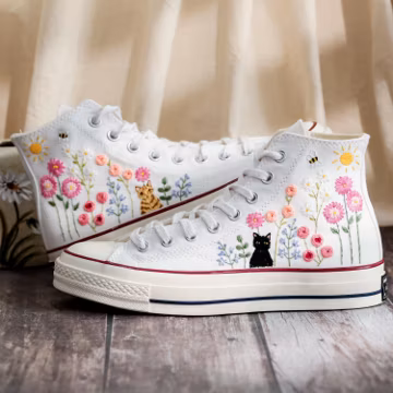 Cat Embroidered Converse, Flower Cat Embroidered Converse, Embroidered Converse Custom Pet, Cat Embroidered Sneakers, Birthday Gift