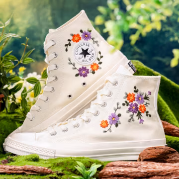 Wedding Converse for Bride, Sweet Purple and Orange Flowers Embroidered Shoes, Bridal Flower Embroidered Sneaker, Converse Embroidery Floral