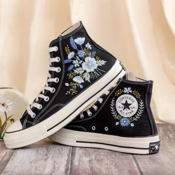 Custom Converse Embroidered, Flowers Embroidered Converse Women, Blue Flax and Flowers Embroidered Sneakers, Lavender Embroidered Sneakers
