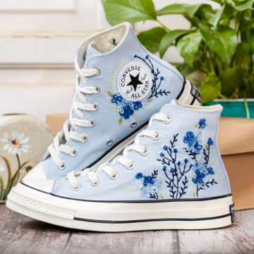 Customized Embroidered Converse Shoes, Blue Flower Embroidered Sneakers Custom, Flower Embroidered Shoes for Women, Mother's Day Gift