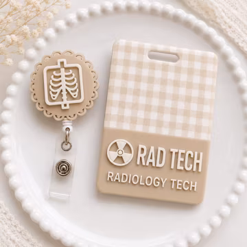 Custom Rad Tech Badge Reel and Badge Buddy Set Tan Gingham X Ray Radiology Technologist ID Holder JRD-XOD01