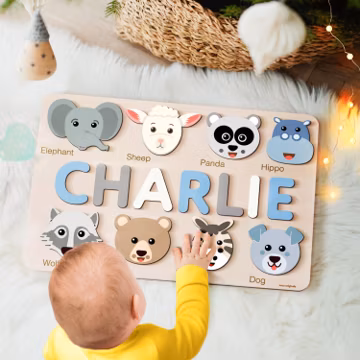 Custom Name Puzzle with Animals, Personalized Baby Gift, First Birthday Gift, Christmas Present, 0-3 Years Personalized Toy