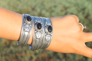Black Onyx Cuff Bracelet, Adjustable Stainless Steel Boho Jewelry
