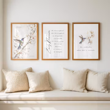 Hummingbird Watercolor Wall Art Set, Emily Dickinson Poem Print, Cottagecore Botanical Nature Digital Download