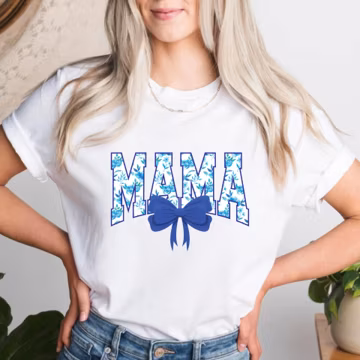 Floral Mama T-Shirt, Blue Bow, Retro Mom Gift