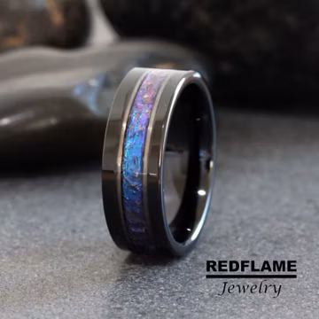 Polish Alexandrite Crushed Wedding Ring White Gold Black 8mm Stripe Accent Changing Color Tungsten Mens Ring Custom Order Blue Purple Stone