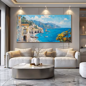 Original Coastal Wall Art Custom Ocean Canvas Oil Painting Modern Handmade Abstract Greek landscape Wall Decor Boho Wall Art for Living room