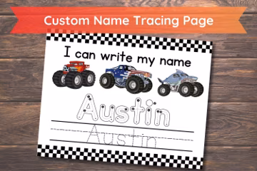 Monster Trucks Custom Name Tracing PDF | Personalized Handwriting Practice Worksheet for Kids | I Can Write My Name Printable