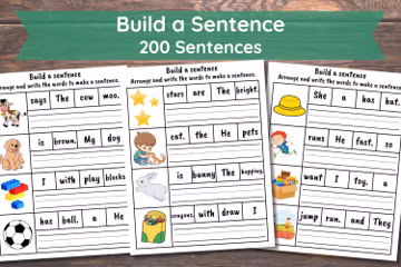 200 Build the Sentence Worksheets, Printable Sentences Writing Practice Activity, Kindergarten 1st 2nd Grade ELA Worksheet, 50 Pages