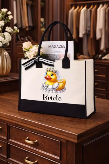 Personalized Bride Duck Tote Bag, Custom Text Canvas Bag, Bridal Shower Gift, Bachelorette Party