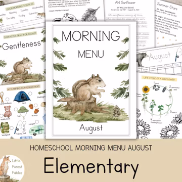 August Morning Menu Homeschool, Elementary Morning Menu Worksheets, Homeschool Elementary Morning Printables, Monthly Morning Menu Workbook