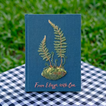 Personalized Blue Linen Notebook with Embroidered Ferns and Moss, Woodland Hardcover Journal Gift
