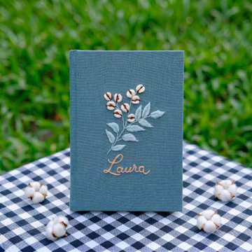 Personalized Teal Linen Notebook with Embroidered Cotton Branch, Custom Botanical Hardcover Journal Gift