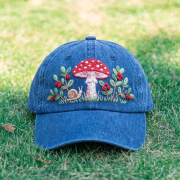 Snail and Amanita Mushroom Embroidered Baseball Cap with Red Berries on Washed Blue Hat