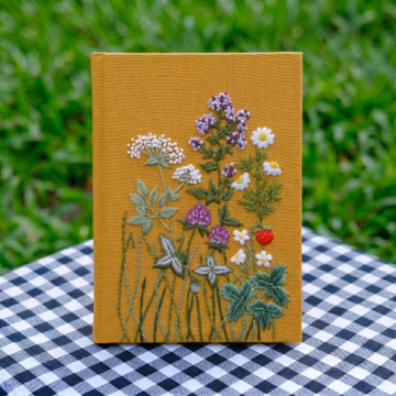 Mustard Linen Notebook with Embroidered Wildflower Meadow and Strawberry, Botanical Hardcover Journal Gift