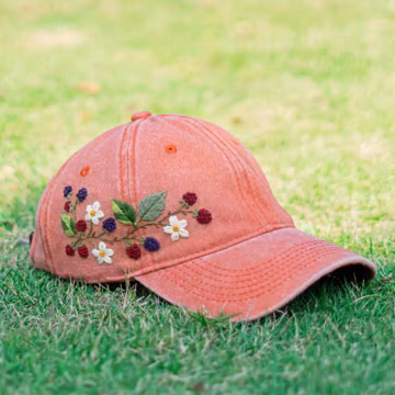 Blackberry and Daisy Embroidered Baseball Cap with Berry Vine on Vintage Washed Coral Hat