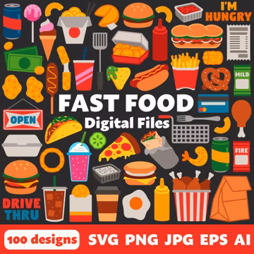 Fast Food Digital Files, SVG PNG JPG, Clipart, Cut Files, Graphics, Printable, Icons, Cricut, Junk Food, Dessert, Taco, Burger, Fries, Pizza