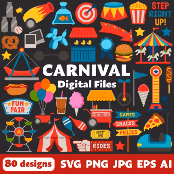 Carnival Digital Files, SVG PNG JPG, Clipart, Cut Files, Cricut, Rides, Food, Fun, State Fair, County Fair, Amusement Park, Circus, Carousel