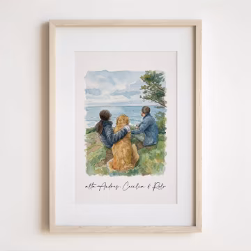 Custom Hand-Drawn Watercolor Family Portrait with Dog Personalized Couple & Pet Illustration, Anniversary Gift Wall Art
