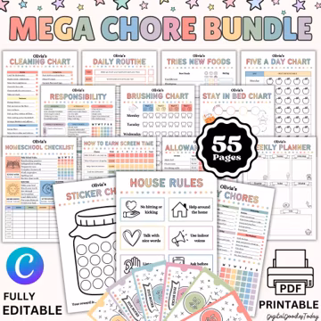 Editable Kids Chore Chart Bundle, School, Reward, Allowance, Daily Checklist, Weekly Chores, Responsibility, Behavior, Consequences, Letter