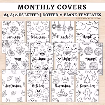 12 Monthly Planner Cover Pages Bundle Journal Printable Bujo Premade Monthly Dashboard, Monthly Title Pages Coloring Journal Insert Template