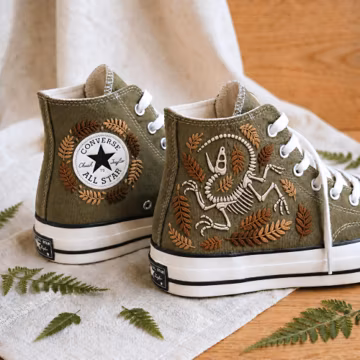 Embroidered Dinosaur Fossil Converse High Tops, Vintage Style Sneakers